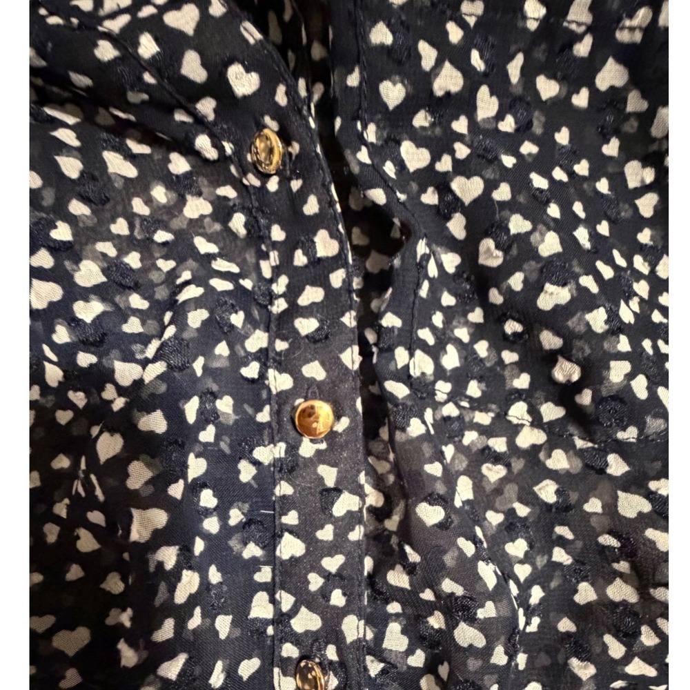 The Limited Navy Blue Heart Print Sheer Blouse Gold Button Roll Tab Sleeve S - Picture 11 of 11